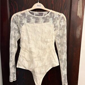 Abercrombie and Fitch Elegant Lace Long Sleeve White Bodysuit